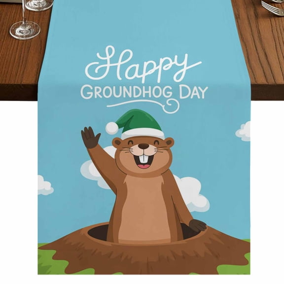Table Runners 36 Inches Long Dress Scarves, Happy Groundhog Day Farmhouse Kitchen/Dining Table Runner, Short Coffee Tablerunners, Cartoon Ground Hog Hole Blue Sky Country 13x36 Inch