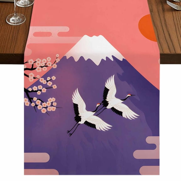 Table Runners 36 Inches Long Dress Scarves, Japanese Farmhouse Kitchen/Dining Table Runner, Short Coffee Tablerunners, Nature Mountain Sun Blossoms Cherry Scenery 13x36 Inch