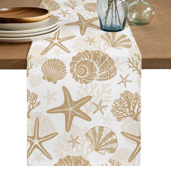 Table Runners 36 Inches Long Dress Scarves, Khaki Coastal Summer Farmhouse Kitchen/Dining Table Decor Table Runner, Short Coffee Tablerunners, Coral Shell Starfish Nautical 13x36 Inch