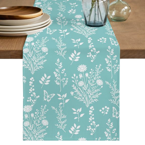 Table Runners 36 Inches Long Dress Scarves, Mint Green Botanical Farmhouse Kitchen/Dining Table Decor Table Runner, Short Coffee Tablerunners, Spring Summer Chic Wildflowers 13x36 Inch