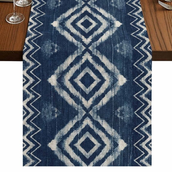 Table Runners 36 Inches Long Dress Scarves, Navy Blue Farmhouse Kitchen/Dining Table Runner, Short Coffee Tablerunners, Vintage Tribal Abstract Geometric Tie Dye Art 13x36 Inch