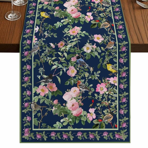 Table Runners 36 Inches Long Dress Scarves, Navy Blue Flowers Farmhouse Kitchen/Dining Table Runner, Short Coffee Tablerunners, Spring Floral Elegant Pastoral Botanical 13x36 Inch