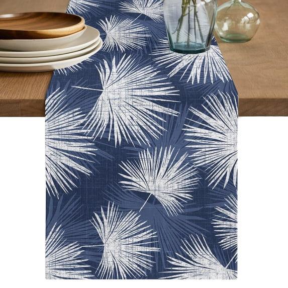 Table Runners 36 Inches Long Dress Scarves, Navy Blue Palm Leaves Coastal Farmhouse Kitchen/Dining Table Decor Table Runner, Short Coffee Tablerunners, Summer Tropical Botanical 13x36 Inch