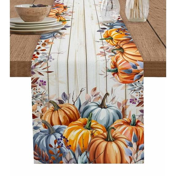 Table Runners 36 Inches Long Dress Scarves, Orange Blue Fall Farmhouse Kitchen/Dining Table Runner, Short Coffee Tablerunners, Vintage Thanksgiving Pumpkins Maple Leaf 13x36 Inch
