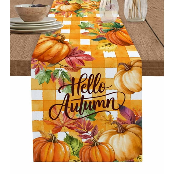 Table Runners 36 Inches Long Dress Scarves, Orange Pumpkins Farmhouse Kitchen/Dining Table Runner, Short Coffee Tablerunners, Farmhouse Plaid Watercolor Botanical 13x36 Inch