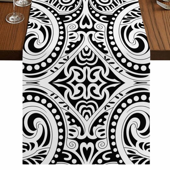 Table Runners 36 Inches Long Dress Scarves, Polynesia Texture Farmhouse Kitchen Table Runner, Short Coffee Tablerunners, Retro Floral Tribe Abstract Art Black 13x36 Inch