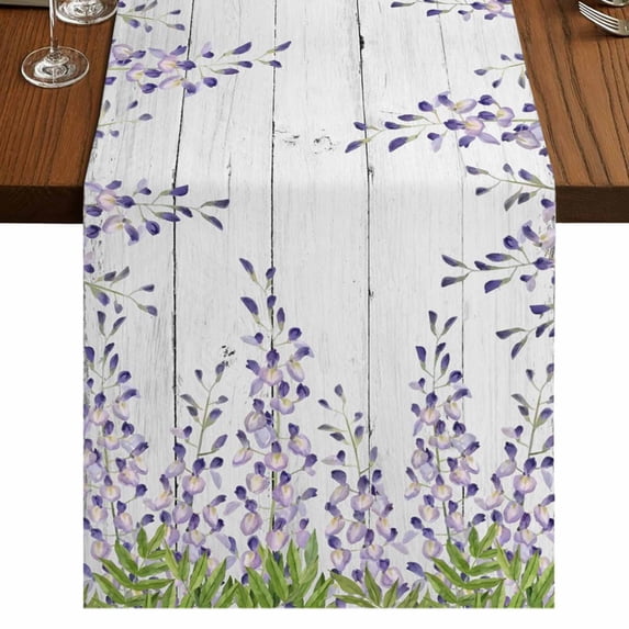 Table Runners 36 Inches Long Dress Scarves, Purple Flowers Farmhouse Kitchen/Dining Table Runner, Short Coffee Tablerunners, Weeping Elegant Spring Floral Wooden Pastoral 13x36 Inch