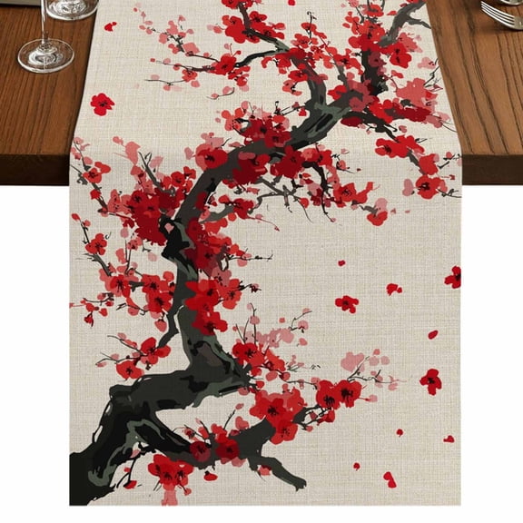 Table Runners 36 Inches Long Dress Scarves, Red Flowers Farmhouse Kitchen/Dining Table Runner, Short Coffee Tablerunners, Vintage Chinese Painting Plum Branches 13x36 Inch