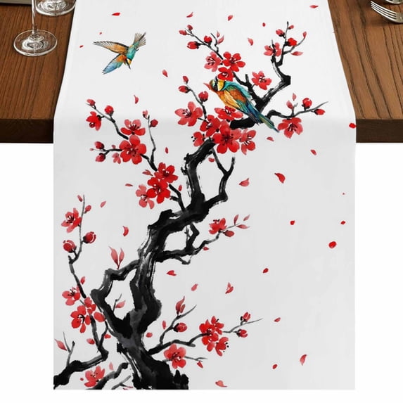Table Runners 36 Inches Long Dress Scarves, Red Spring Floral Farmhouse Kitchen/Dining Table Runner, Short Coffee Tablerunners, Birds Branches Watercolor Flowers 13x36 Inch