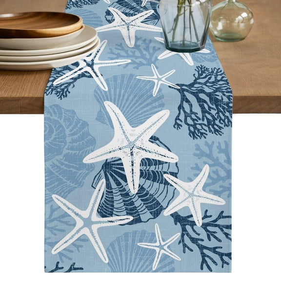 Table Runners 36 Inches Long Dress Scarves, Sea Blue Starfish Farmhouse Kitchen/Dining Table Decor Table Runner, Short Coffee Tablerunners, Coral Shell Ocean Vintage Coastal 13x36 Inch