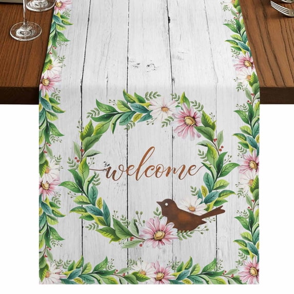 Table Runners 36 Inches Long Dress Scarves, Spring Botanical Farmhouse Kitchen/Dining Table Runner, Short Coffee Tablerunners, Garden Birds Floral Leaves Gray Woodn 13x36 Inch