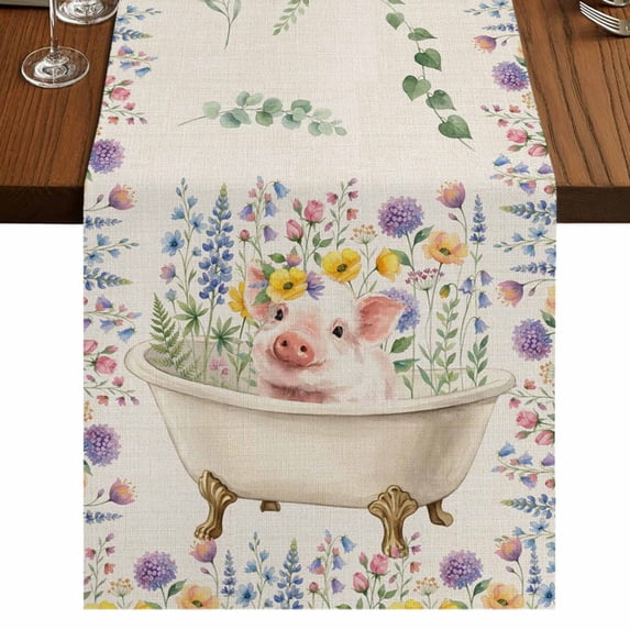Table Runners 36 Inches Long Dress Scarves, Spring Floral Pig Farmhouse Kitchen/Dining Table Runner, Short Coffee Tablerunners, Weeping Flowers Leaves Farmhouse Rustic 13x36 Inch