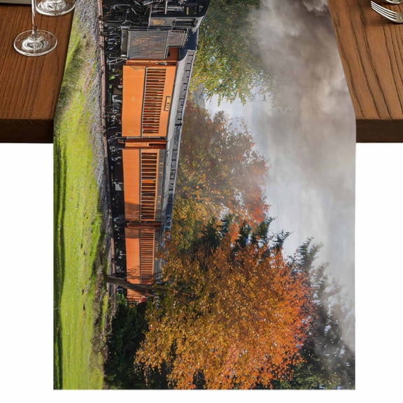 Table Runners 36 Inches Long Dress Scarves, Steam Train Farmhouse Kitchen Table Runner, Short Coffee Tablerunners, Railroad Country Barn Rustic Trees Farmhouse 13x36 Inch