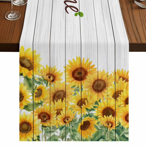 Table Runners 36 Inches Long Dress Scarves, Sunflower Farmhouse Kitchen/Dining Table Runner, Short Coffee Tablerunners, Yellow Summer Botanical Farmhouse Floral Wooden 13x36 Inch