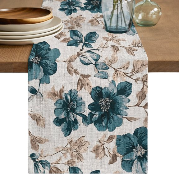 Table Runners 36 Inches Long Dress Scarves, Teal Florals Farmhouse Kitchen/Dining Table Decor Table Runner, Short Coffee Tablerunners, Farmhouse Botanical Peonies Vintage Brown Leaves 13x36 Inch