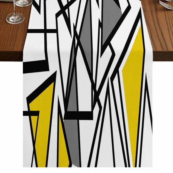 Table Runners 36 Inches Long Dress Scarves, Yellow Black Geometric Farmhouse Kitchen/Dining Table Runner, Short Coffee Tablerunners, Abstract Art Modern Line 13x36 Inch