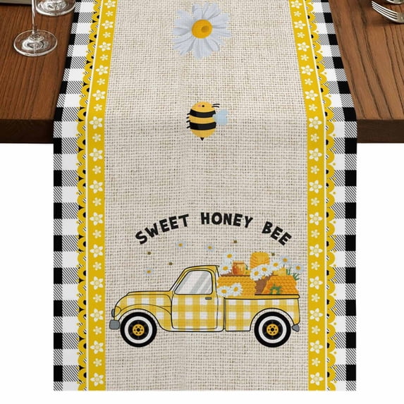 Table Runners 36 Inches Long Dress Scarves, Yellow Truck Farmhouse Kitchen/Dining Table Runner, Short Coffee Tablerunners, Spring Bees Honey Daisy Black Buffalo Plaid 13x36 Inch