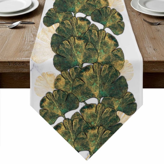 Table Runners 36 Inches Long, Ginkgo Leaves Cotton Linen Kitchen Dining Coffee Table Runner for Party Home Decor, Marble Modern Abstract Art Green Golden Tabletop Dresser Scarves Runner 13x36 Inch