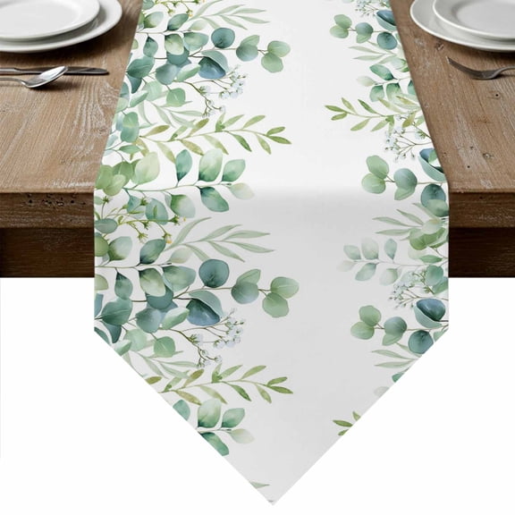 Table Runners 36 Inches Long, Green Eucalyptus Leaves Cotton Linen Kitchen Dining Coffee Table Runner for Party Home Decor, Watercolor Spring Summer Botanical Tabletop Dresser Scarves 13x36 Inch