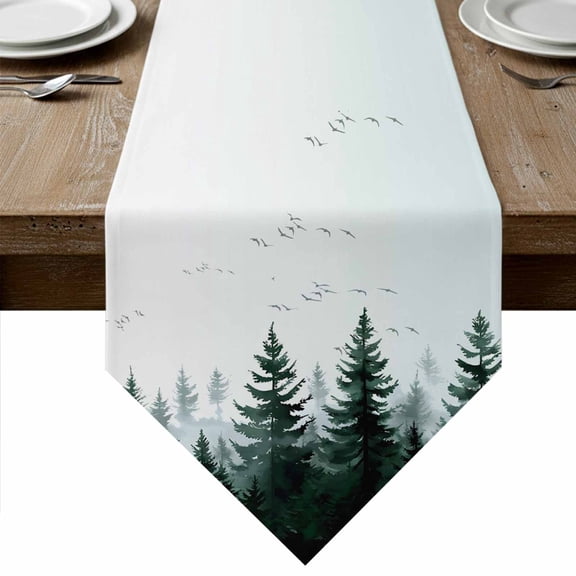 Table Runners 36 Inches Long, Green Mist Forest Cotton Linen Kitchen Dining Coffee Table Runner for Party Home Decor, Farmhouse Trees Nature Landscape Tabletop Dresser Scarves Runner 13x36 Inch