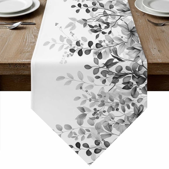 Table Runners 36 Inches Long, Grey Cotton Linen Kitchen Dining Coffee Table Runner for Party Home Decor, Eucalyptus Leaves Tabletop Dresser Scarves Runner Decor 13x36 Inch