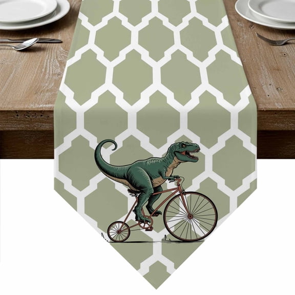 Table Runners 36 Inches Long, Morocco Sage Green Cotton Linen Kitchen Dining Coffee Table Runner for Party Home Decor, Cute Dinosaur Bike Vintage Tabletop Dresser Scarves Runner Decor 13x36 Inch