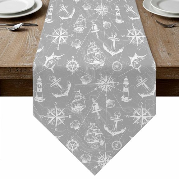 Table Runners 36 Inches Long, Nautical Grey Cotton Linen Kitchen Dining Coffee Table Runner for Party Home Decor, Retro Sailing Boat Map Anchor Rudder Tabletop Dresser Scarves Runner 13x36 Inch