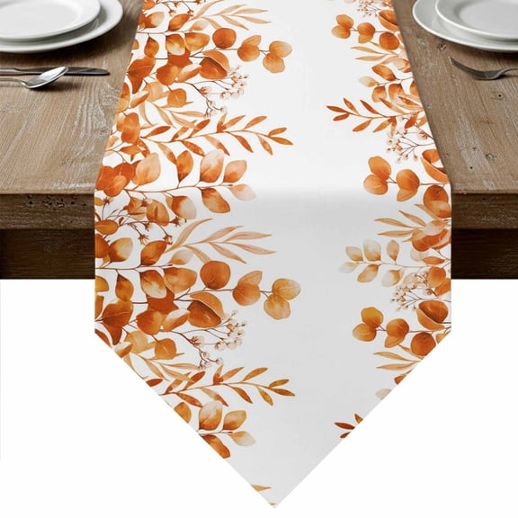Table Runners 36 Inches Long, Orange Eucalyptus Leaves Cotton Linen Kitchen Dining Coffee Table Runner for Party Home Decor, Watercolor Spring Summer Botanical Tabletop Dresser Scarves 13x36 Inch