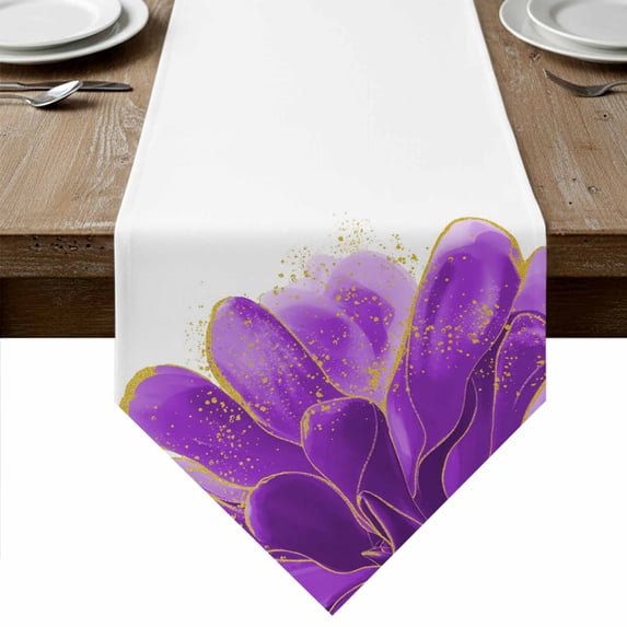 Table Runners 36 Inches Long, Purple Gold Cotton Linen Kitchen Dining Coffee Table Runner for Party Home Decor, Abstract Flower Ombre Aesthetics Paint Tabletop Dresser Scarves Runner 13x36 Inch