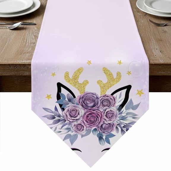 Table Runners 36 Inches Long, Purple Rose Antlers Cotton Linen Kitchen Dining Coffee Table Runner for Party Home Decor, Abstract Art Fancy Flowers Stars Tabletop Dresser Scarves Runner 13x36 Inch