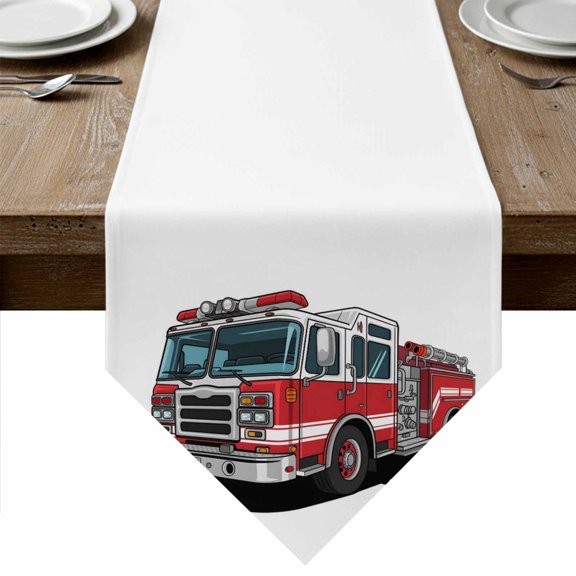Table Runners 36 Inches Long, Red Fire Truck Cotton Linen Kitchen Dining Coffee Table Runner for Party Home Decor, Funny Cute Car Tabletop Dresser Scarves Runner Decor 13x36 Inch