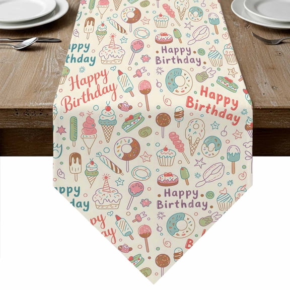 Table Runners 36 Inches Long, Summer Ice Cream Cotton Linen Kitchen Dining Coffee Table Runner for Party Home Decor, Happy Birthday Cute Cake Tabletop Dresser Scarves Runner Decor 13x36 Inch