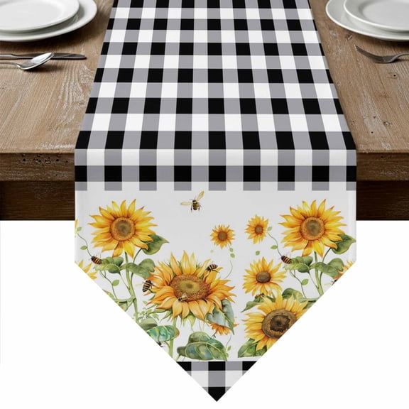 Table Runners 36 Inches Long, Sunflower Cotton Linen Kitchen Dining Coffee Table Runner for Party Home Decor, Black White Buffalo Plaid Check Country Bee Tabletop Dresser Scarves Runner 13x36 Inch