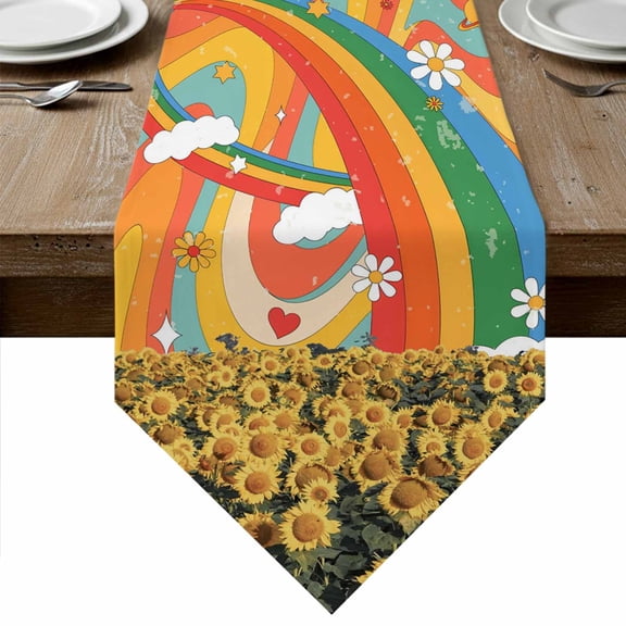Table Runners 36 Inches Long, Sunflower Cotton Linen Kitchen Dining Coffee Table Runner for Party Home Decor, Rainbow Desert Tropical Plants Cartoon Daisy Tabletop Dresser Scarves Runner 13x36 Inch