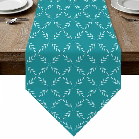 Table Runners 36 Inches Long, Teal Morocco Cotton Linen Kitchen Dining Coffee Table Runner for Party Home Decor, Geometric Leaf Diamond Lattice Abstract Tabletop Dresser Scarves Runner 13x36 Inch