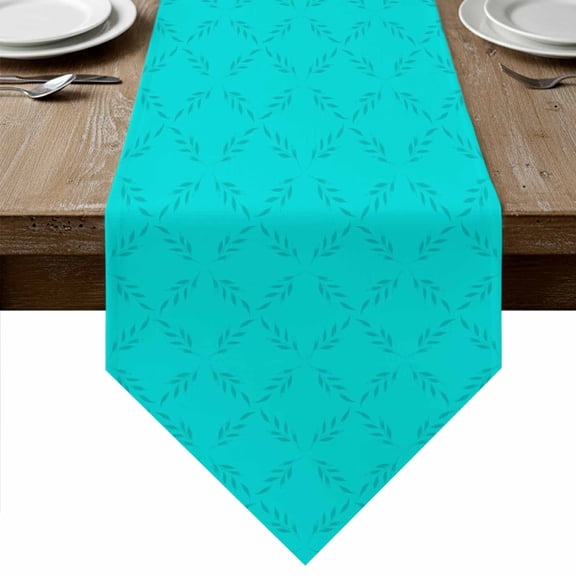 Table Runners 36 Inches Long, Turquoise Plaid Cotton Linen Kitchen Dining Coffee Table Runner for Party Home Decor, Geometric Leaf Diamond Morocco Abstract Tabletop Dresser Scarves 13x36 Inch