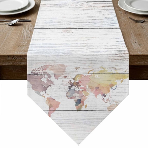 Table Runners 36 Inches Long, World Map Cotton Linen Kitchen Dining Coffee Table Runner for Party Home Decor, Farmhouse Abstract Illustration Wooden Grain Tabletop Dresser Scarves Runner 13x36 Inch
