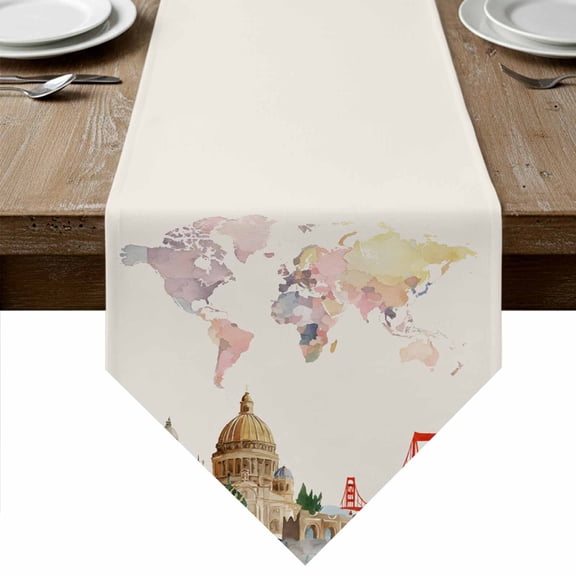 Table Runners 36 Inches Long, World Map Cotton Linen Kitchen Dining Coffee Table Runner for Party Home Decor, Farmhouse Famous Building Tourism Bridge Tabletop Dresser Scarves Runner 13x36 Inch