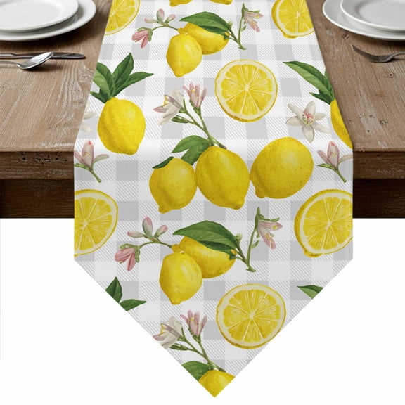 Table Runners 36 Inches Long, Yellow Summer Lemon Cotton Linen Kitchen Dining Coffee Table Runner for Party Home Decor, Summer Botanical Gray Plaid Tabletop Dresser Scarves Runner Decor 13x36 Inch