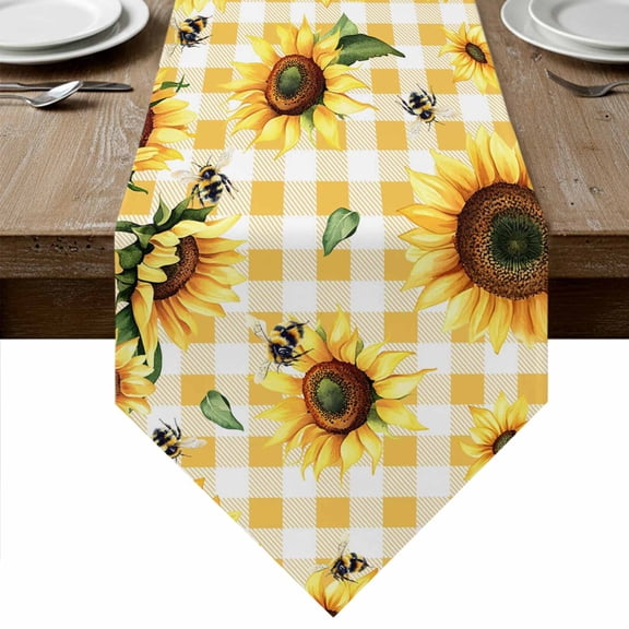 Table Runners 36 Inches Long, Yellow Sunflower Cotton Linen Kitchen Dining Coffee Table Runner for Party Home Decor, Vintage Country Bee Plaid Ginger Check Tabletop Dresser Scarves 13x36 Inch