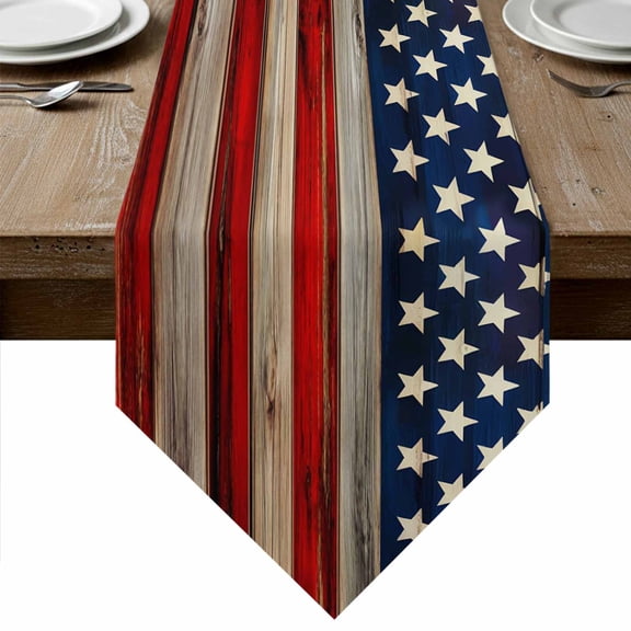 Table Runners 48 Inches Long, American Flag Cotton Linen Kitchen Dining Coffee Table Runner for Party Home Decor, Vintage USA Flag Wooden Tabletop Dresser Scarves Runner Decor 13x48 Inch