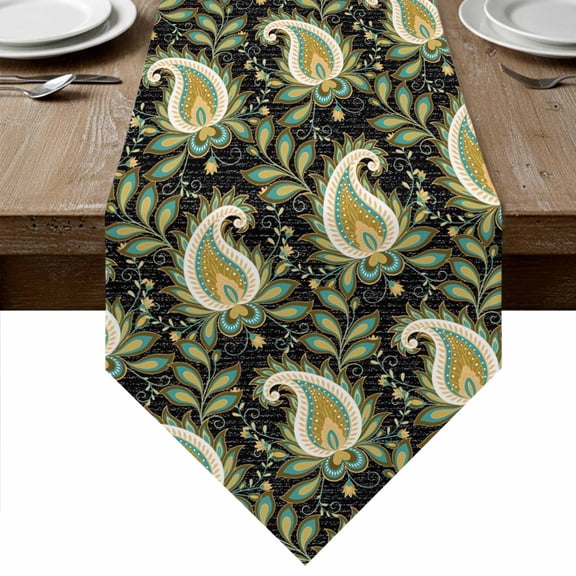 Table Runners 48 Inches Long, Black Teal Boho Botanical Cotton Linen Kitchen Dining Coffee Table Runner for Party Home Decor, Southwestern Retro Ethnic Tribal Tabletop Dresser Scarves 13x48 Inch