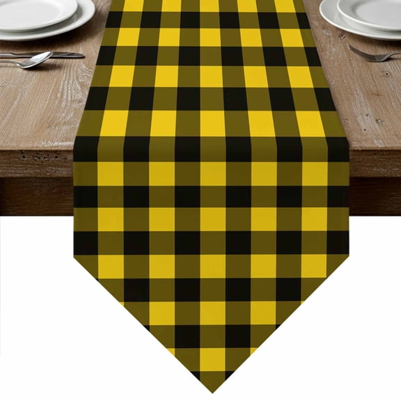 Table Runners 48 Inches Long, Black Yellow Plaid Cotton Linen Kitchen Dining Coffee Table Runner for Party Home Decor, Retro Country Buffalo Check Gingham Tabletop Dresser Scarves Runner 13x48 Inch