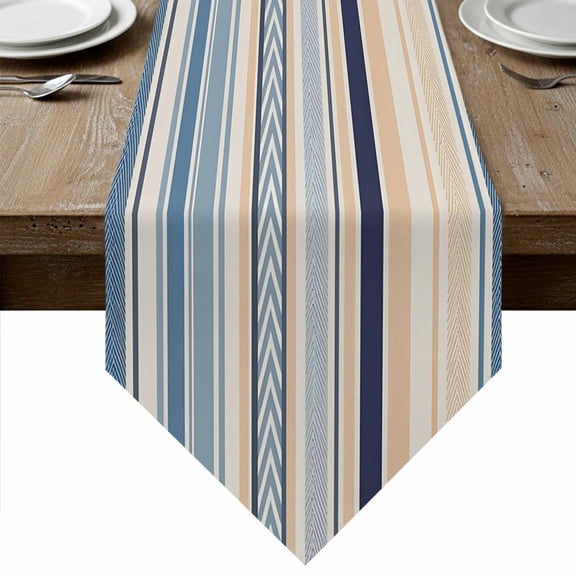 Table Runners 48 Inches Long, Blue Beige Striped Cotton Linen Kitchen Dining Coffee Table Runner for Party Home Decor, Boho Colorful Rainbow Abstract Stripes Tabletop Dresser Scarves 13x48 Inch