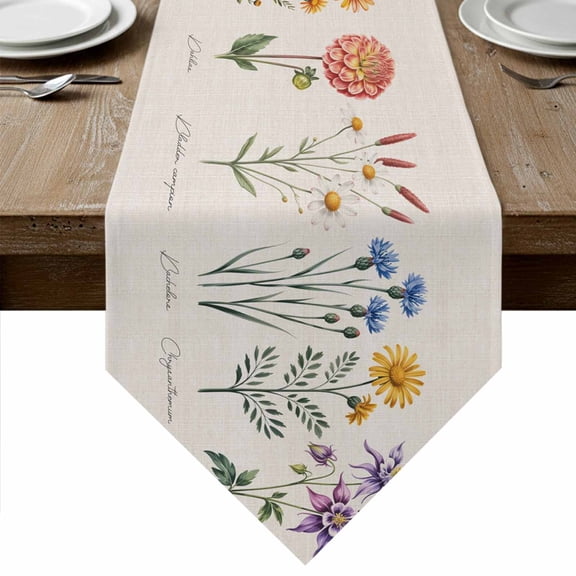 Table Runners 48 Inches Long, Botanical Flowers Cotton Linen Kitchen Dining Coffee Table Runner for Party Home Decor, Country Colorful Floral Illustration Tabletop Dresser Scarves Runner 13x48 Inch
