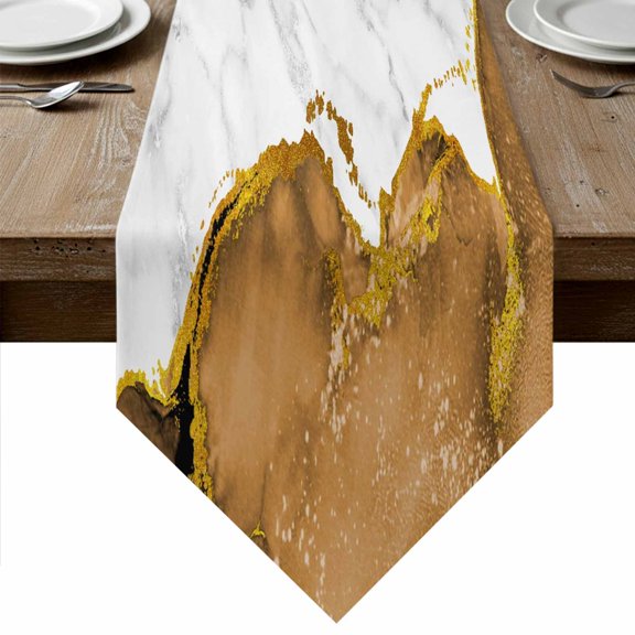 Table Runners 48 Inches Long, Brown Gold Marble Cotton Linen Kitchen Dining Coffee Table Runner for Party Home Decor, Modern Abstract Marble Crack Texture Tabletop Dresser Scarves Runner 13x48 Inch