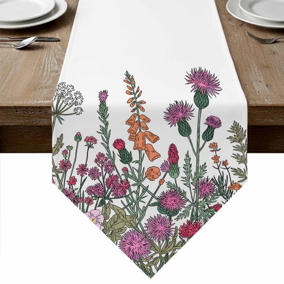 Table Runners 48 Inches Long, Colorful Flowers Cotton Linen Kitchen Dining Coffee Table Runner for Party Home Decor, Watercolor Wildflowers Botanical Floral Tabletop Dresser Scarves 13x48 Inch