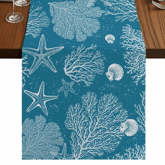 Table Runners 48 Inches Long Dress Scarves, Blue Coastal Farmhouse Kitchen/Dining Table Runner, Short Coffee Tablerunners, Starfish Coral Summer Beach Ocean 13x48 Inch