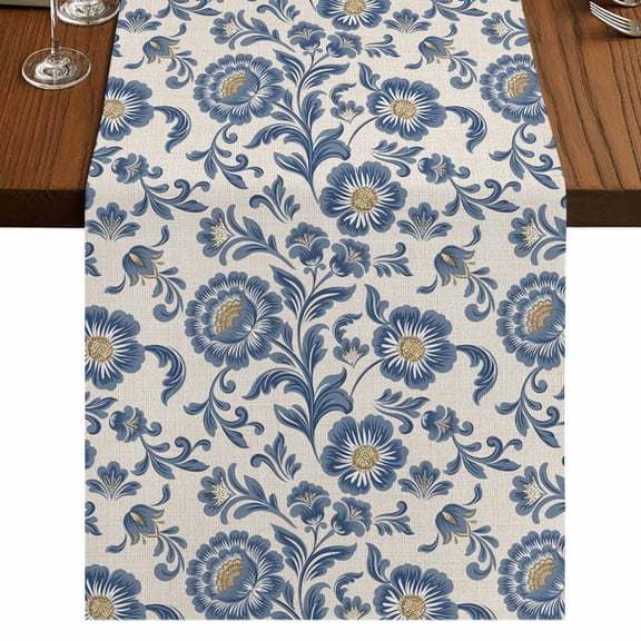 Table Runners 48 Inches Long Dress Scarves, Blue Flowers Farmhouse Kitchen/Dining Table Runner, Short Coffee Tablerunners, Spring Floral Elegant Pastoral Rustic 13x48 Inch