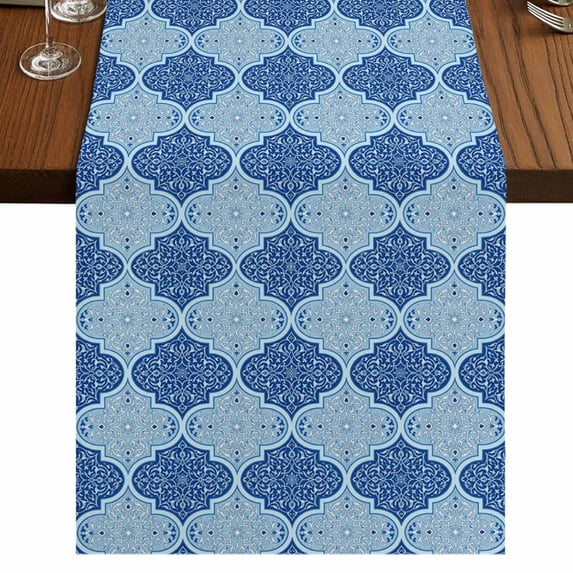 Table Runners 48 Inches Long Dress Scarves, Blue Geometric Farmhouse Kitchen/Dining Table Runner, Short Coffee Tablerunners, Retro Morocco Abstract Art 13x48 Inch